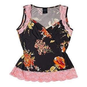 Y2K j.t.b. Floral Print Lace Trim Surplice Wrap Neck Top Large Pink Brown Boho